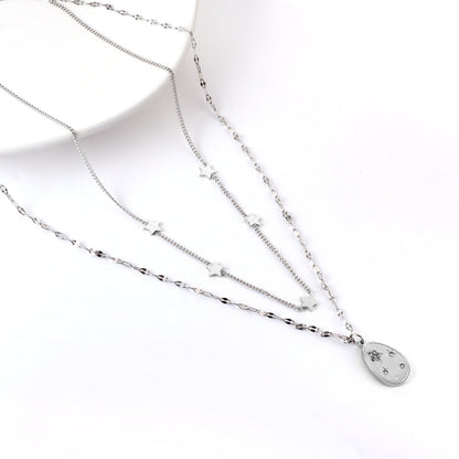 Girls Kids Stainless Steel 5 Stars Accessories + Oval with Diamond Pendant Double Chain Necklace
