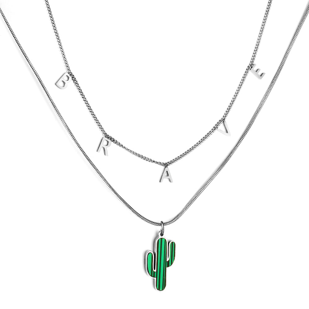 Stainless Steel BRAVE Letter Accessories + With Green Cactus Double Chain Girls Necklace