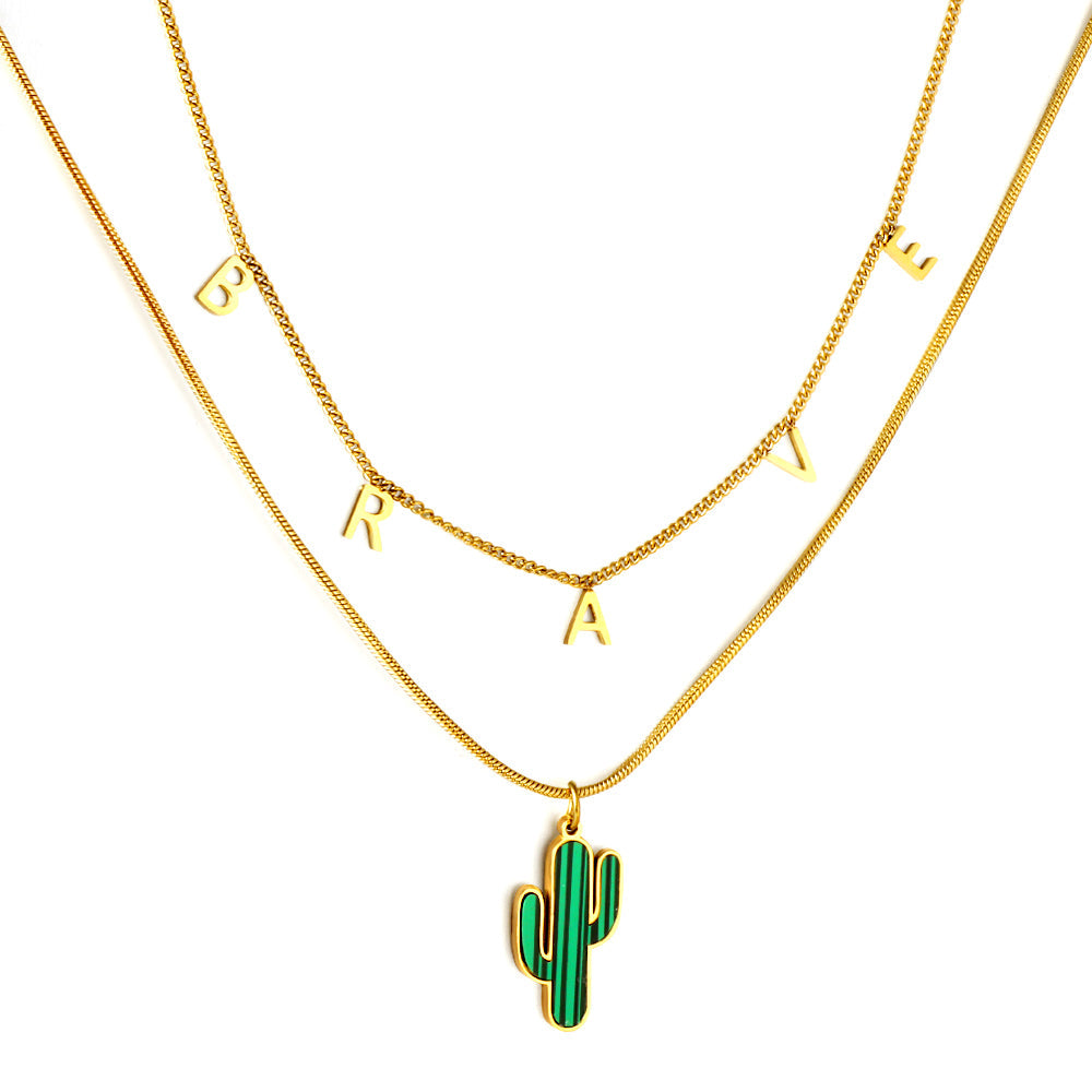 Stainless Steel BRAVE Letter Accessories + With Green Cactus Double Chain Girls Necklace