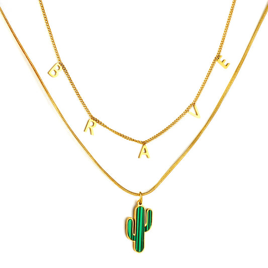 Stainless Steel BRAVE Letter Accessories + With Green Cactus Double Chain Girls Necklace
