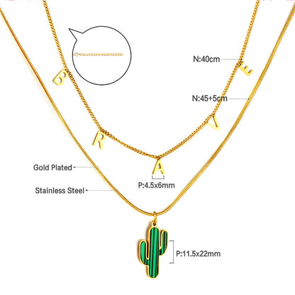 Stainless Steel BRAVE Letter Accessories + With Green Cactus Double Chain Girls Necklace