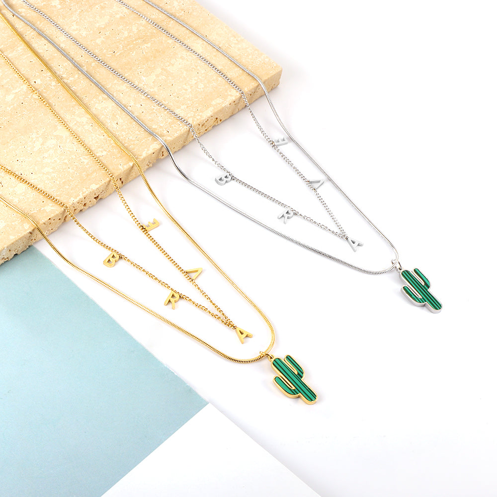 Stainless Steel BRAVE Letter Accessories + With Green Cactus Double Chain Girls Necklace