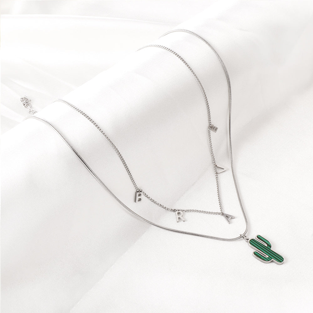 Stainless Steel BRAVE Letter Accessories + With Green Cactus Double Chain Girls Necklace