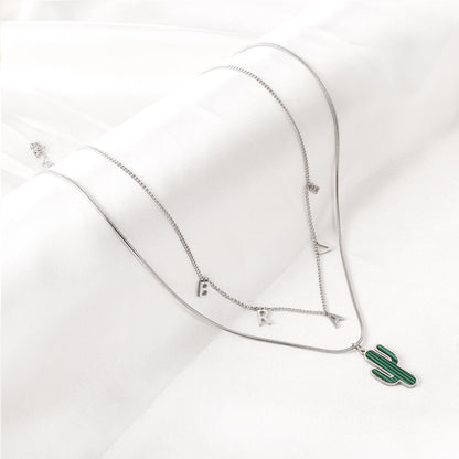 Stainless Steel BRAVE Letter Accessories + With Green Cactus Double Chain Girls Necklace