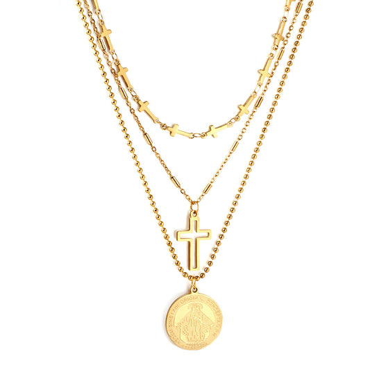Girls Jewelry Stainless Steel Round Accessories With Pattern + Cross Accessories + Cross With Chain Three Chains Necklace
