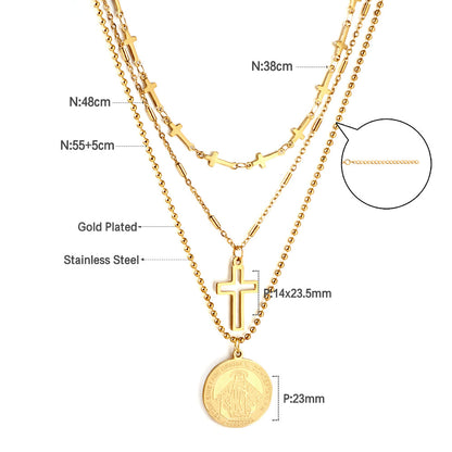 Girls Jewelry Stainless Steel Round Accessories With Pattern + Cross Accessories + Cross With Chain Three Chains Necklace