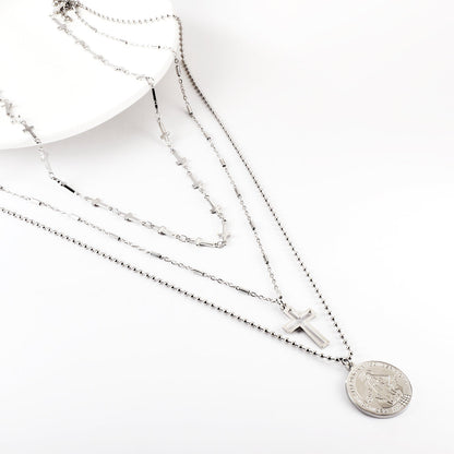 Girls Jewelry Stainless Steel Round Accessories With Pattern + Cross Accessories + Cross With Chain Three Chains Necklace