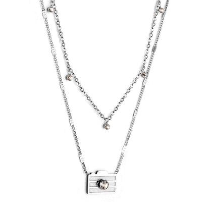 Girls Jewelry Stainless Steel Camera With Diamonds + 5 Round Diamonds Double Chain Necklace