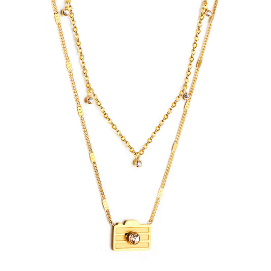 Girls Jewelry Stainless Steel Camera With Diamonds + 5 Round Diamonds Double Chain Necklace