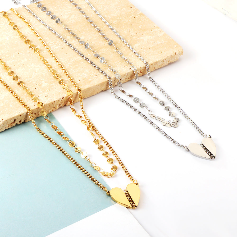 Girls Jewelry Stainless Steel Heart-shaped Accessory + Chain Double Chain Necklace