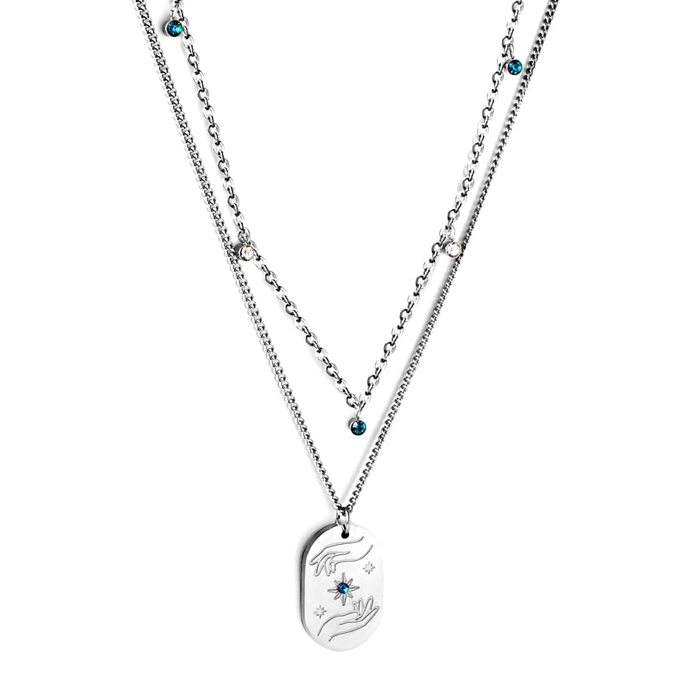 Girls Jewelry Stainless Steel Oval Hands + Blue Diamond Accessories + 5 Mixed Color Diamonds Double Chain Necklace