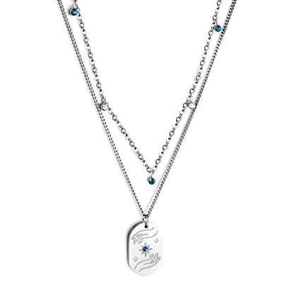 Girls Jewelry Stainless Steel Oval Hands + Blue Diamond Accessories + 5 Mixed Color Diamonds Double Chain Necklace
