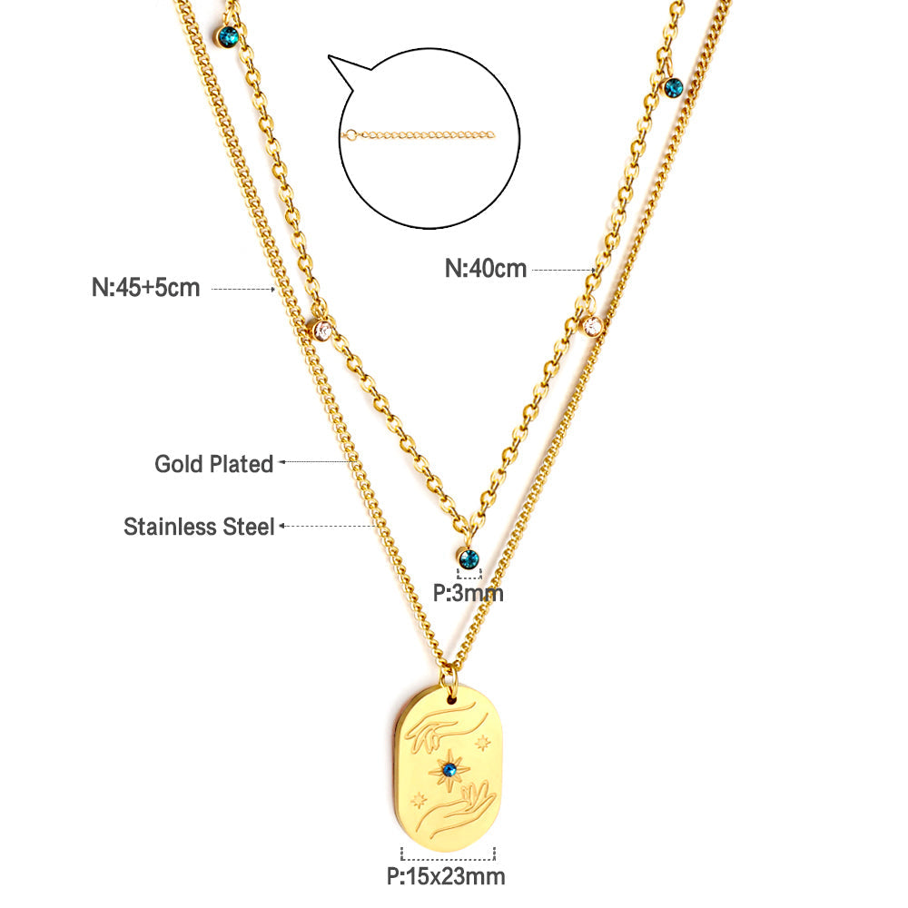 Girls Jewelry Stainless Steel Oval Hands + Blue Diamond Accessories + 5 Mixed Color Diamonds Double Chain Necklace