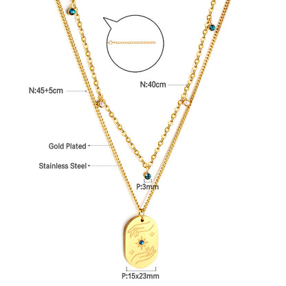 Girls Jewelry Stainless Steel Oval Hands + Blue Diamond Accessories + 5 Mixed Color Diamonds Double Chain Necklace