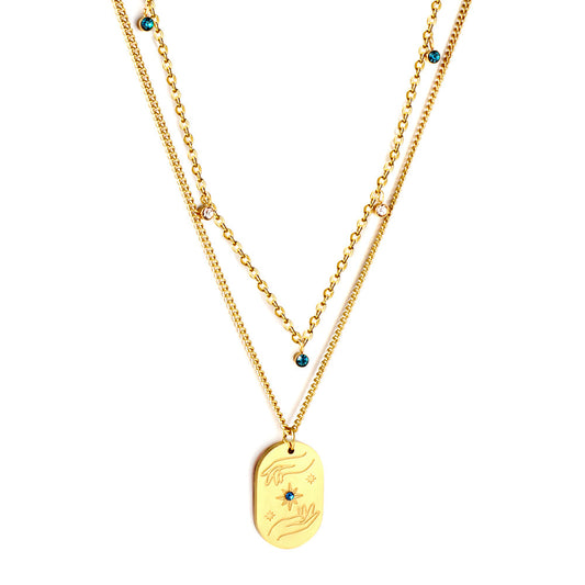 Girls Jewelry Stainless Steel Oval Hands + Blue Diamond Accessories + 5 Mixed Color Diamonds Double Chain Necklace