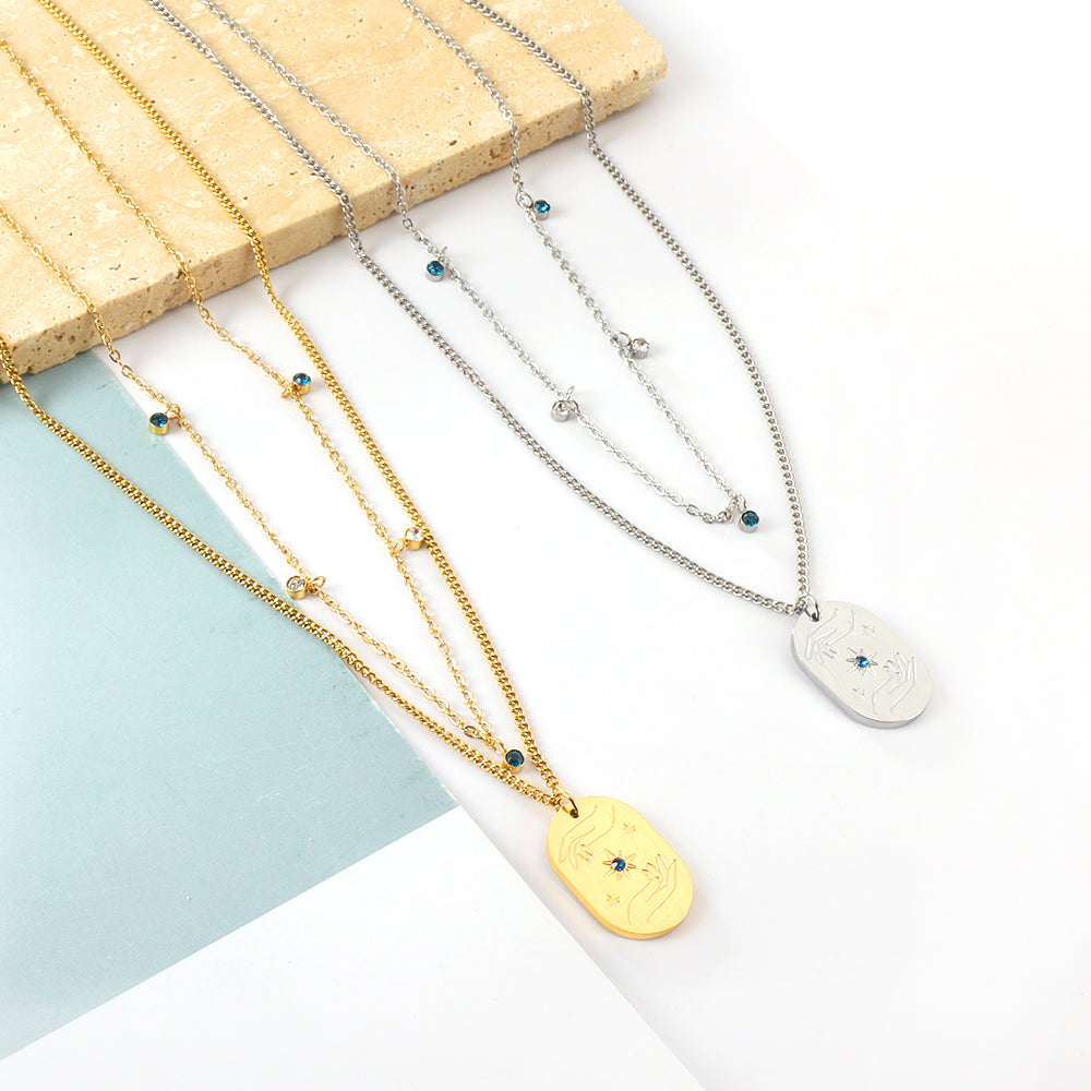 Girls Jewelry Stainless Steel Oval Hands + Blue Diamond Accessories + 5 Mixed Color Diamonds Double Chain Necklace