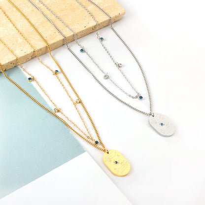 Girls Jewelry Stainless Steel Oval Hands + Blue Diamond Accessories + 5 Mixed Color Diamonds Double Chain Necklace