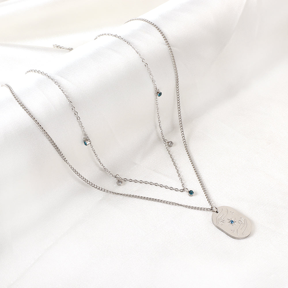 Girls Jewelry Stainless Steel Oval Hands + Blue Diamond Accessories + 5 Mixed Color Diamonds Double Chain Necklace