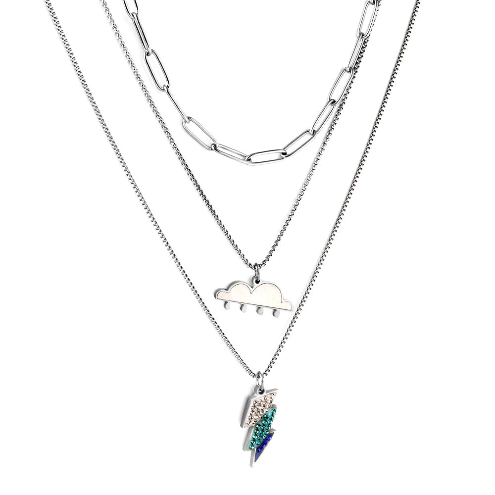 Girls Jewelry Stainless Steel Mixed Color Lightning + Cloud with Rain Accessories + Chain Three Chain Necklace