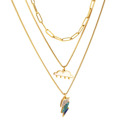 Girls Jewelry Stainless Steel Mixed Color Lightning + Cloud with Rain Accessories + Chain Three Chain Necklace