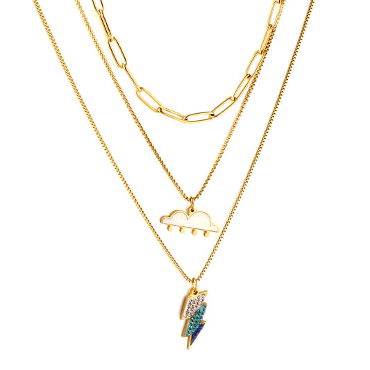 Girls Jewelry Stainless Steel Mixed Color Lightning + Cloud with Rain Accessories + Chain Three Chain Necklace