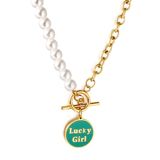 Girls Jewelry Stainless Steel LuckyGirl Round Accessories Green Drip Oil + Half White Pearl Necklace