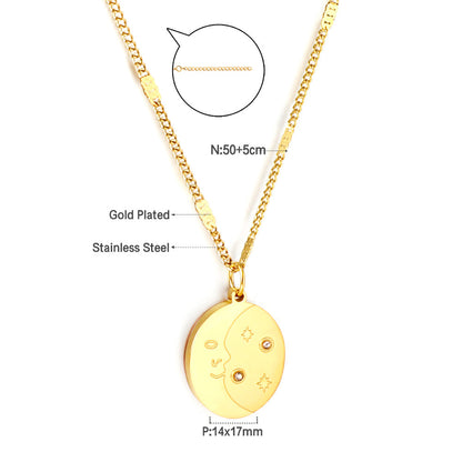 Girls Kids Jewelry Stainless Steel Oval With Moon and Star Pattern+Diamond Accessories Necklace
