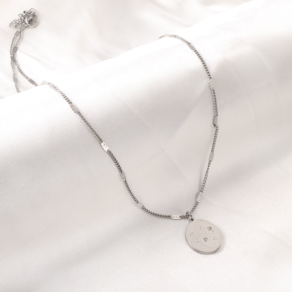 Girls Kids Jewelry Stainless Steel Oval With Moon and Star Pattern+Diamond Accessories Necklace