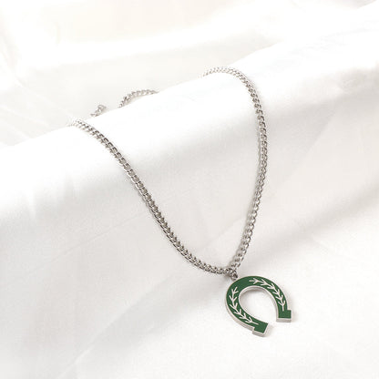 Teen Jewelry Stainless Steel Green Drop Oil Open Oval Willow Leaf Pattern Accessory Necklace