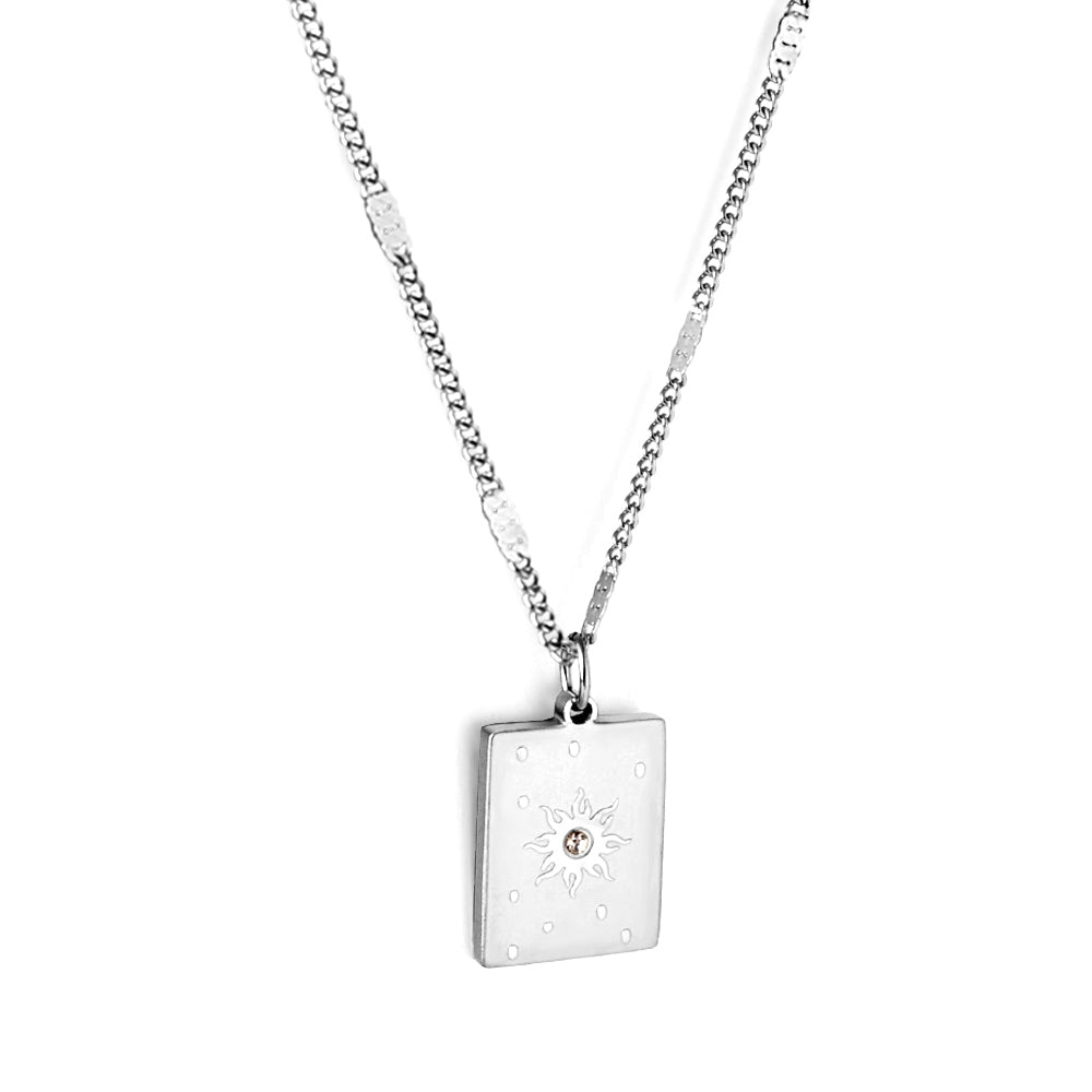 Girls Kids Jewelry Stainless Steel Rectangle With Sun Pattern + Diamond Accessories Necklace