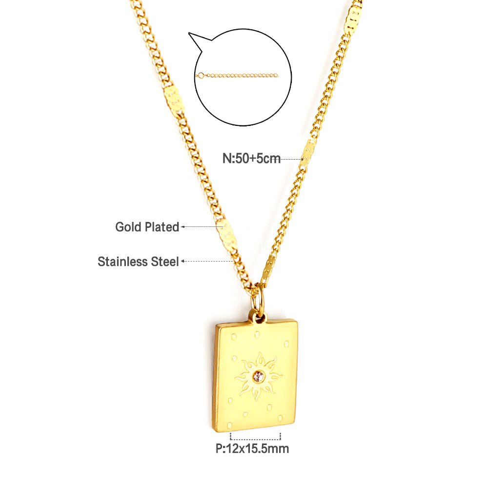 Girls Kids Jewelry Stainless Steel Rectangle With Sun Pattern + Diamond Accessories Necklace