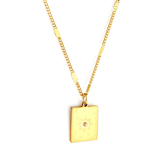 Girls Kids Jewelry Stainless Steel Rectangle With Sun Pattern + Diamond Accessories Necklace
