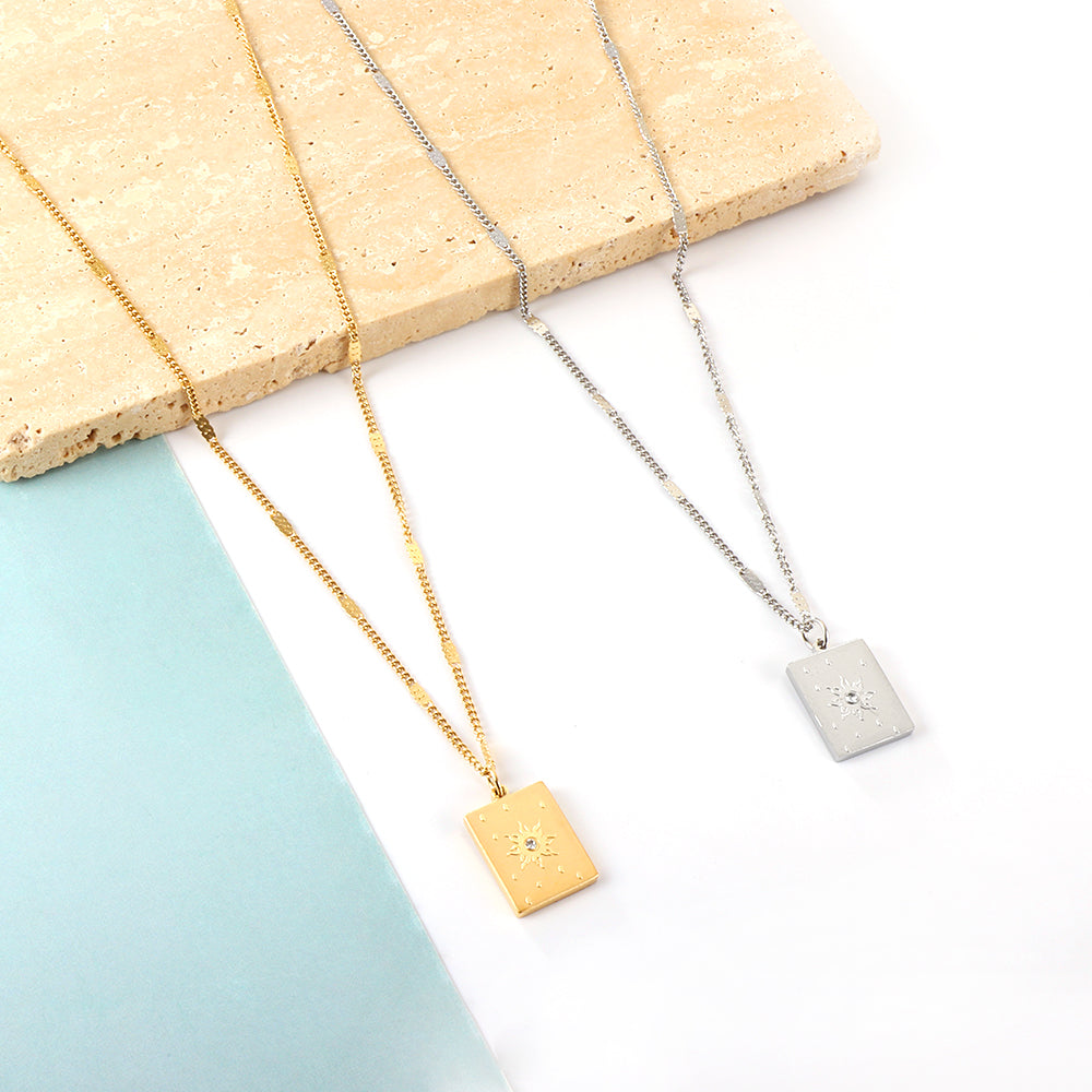 Girls Kids Jewelry Stainless Steel Rectangle With Sun Pattern + Diamond Accessories Necklace