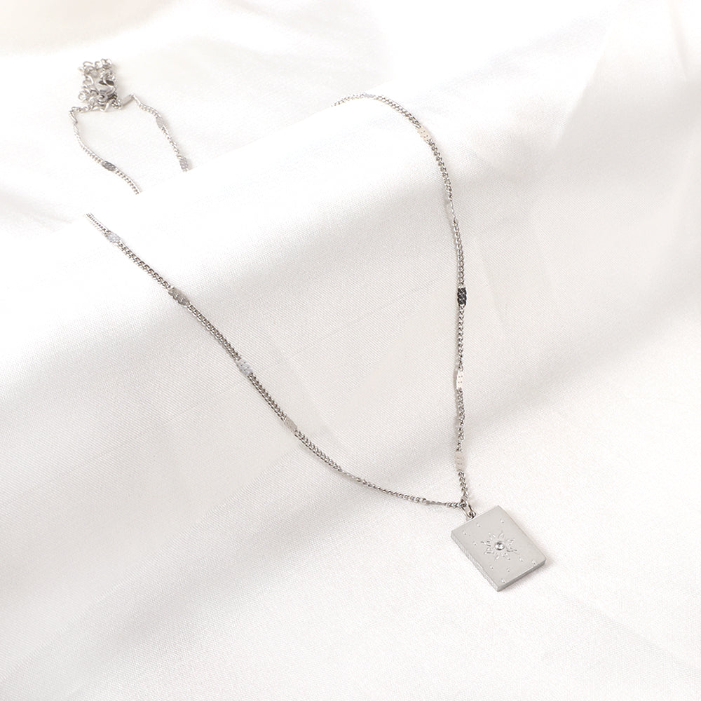 Girls Kids Jewelry Stainless Steel Rectangle With Sun Pattern + Diamond Accessories Necklace