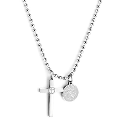 Girls Jewelry Stainless Steel Cross + Round Accessories With Beauty Pattern + Bead Chain Necklace