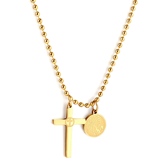 Girls Jewelry Stainless Steel Cross + Round Accessories With Beauty Pattern + Bead Chain Necklace