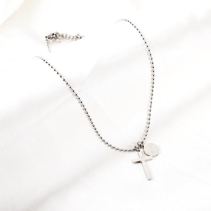 Girls Jewelry Stainless Steel Cross + Round Accessories With Beauty Pattern + Bead Chain Necklace