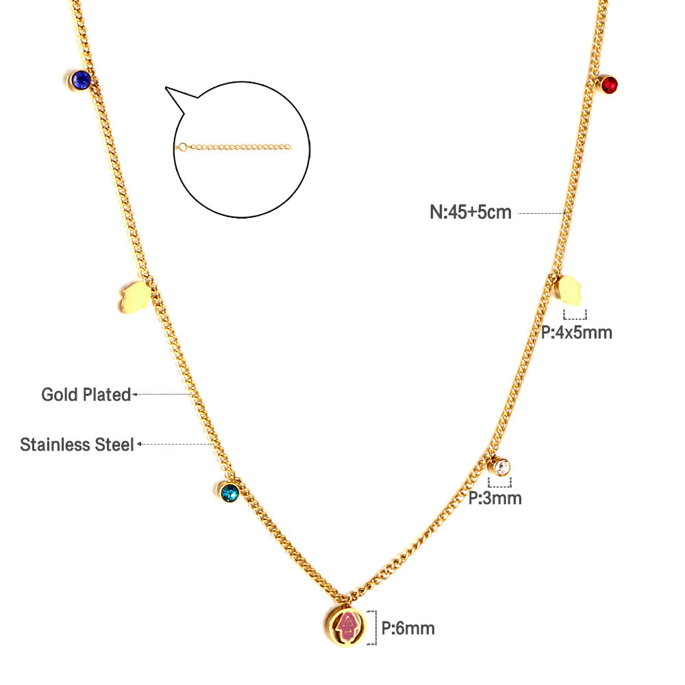 Girls Jewelry Stainless Steel 2 Palms + Round Hollow Purple Palm Accessories + 4 Mixed Color Diamonds Necklace