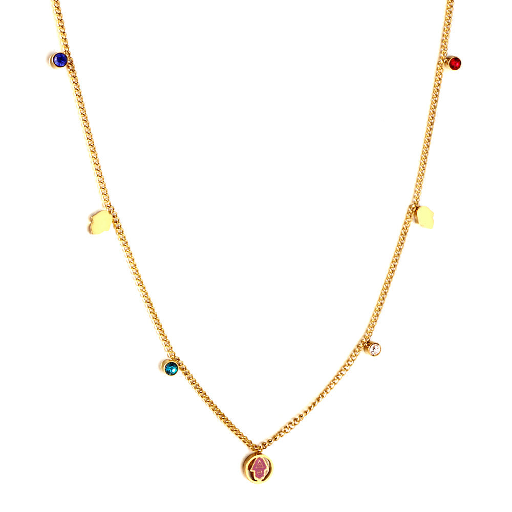 Girls Jewelry Stainless Steel 2 Palms + Round Hollow Purple Palm Accessories + 4 Mixed Color Diamonds Necklace