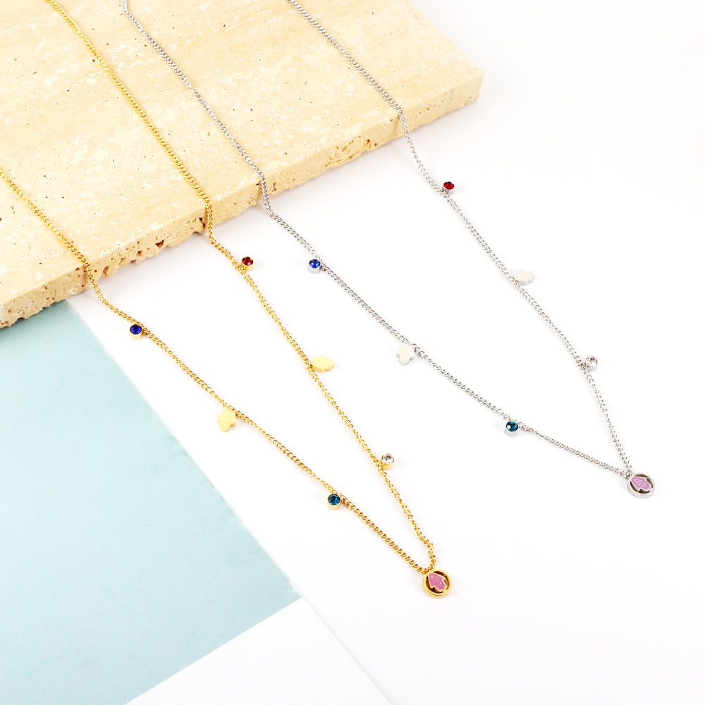 Girls Jewelry Stainless Steel 2 Palms + Round Hollow Purple Palm Accessories + 4 Mixed Color Diamonds Necklace