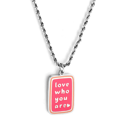 Stainless Girls Kids Jewelry Steel Dark Pink Rectangle with Letters Accessory Necklace
