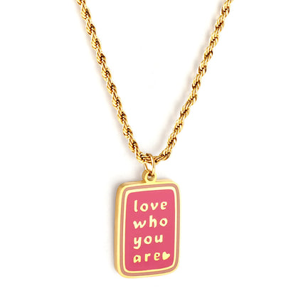Stainless Girls Kids Jewelry Steel Dark Pink Rectangle with Letters Accessory Necklace