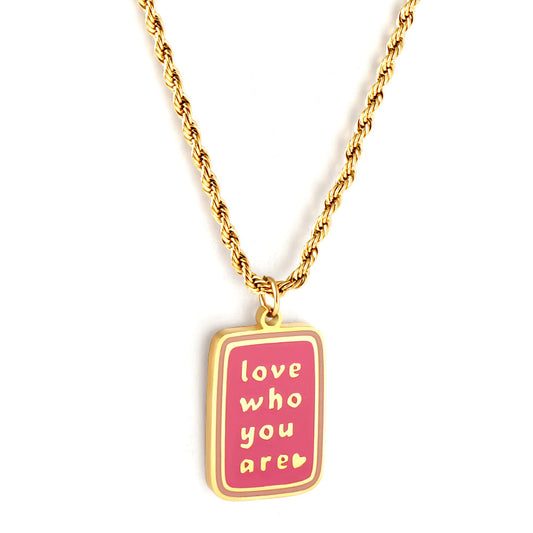 Stainless Girls Kids Jewelry Steel Dark Pink Rectangle with Letters Accessory Necklace