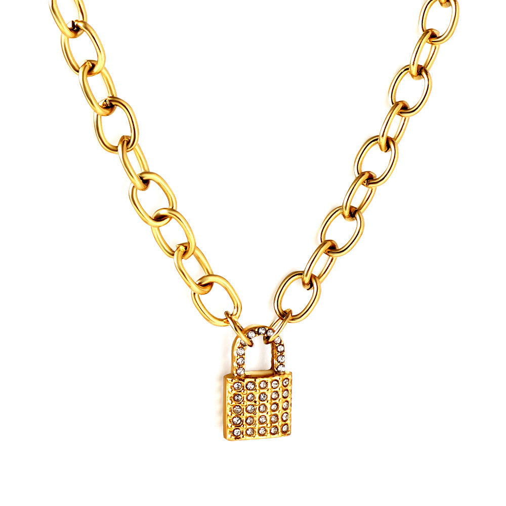 Hypoallergenic girls jewelry Stainless Steel Lock Accessory With Diamond Necklace
