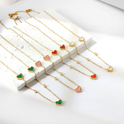 3 Heart Shaped White & Red & Pink & Green & Black Shells + 2 White Diamonds Pendant Necklace 41+5cm