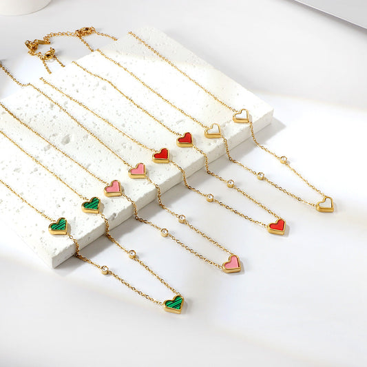 3 Heart Shaped White & Red & Pink & Green & Black Shells + 2 White Diamonds Pendant Necklace 41+5cm