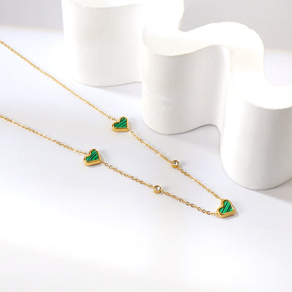 3 Heart Shaped White & Red & Pink & Green & Black Shells + 2 White Diamonds Pendant Necklace 41+5cm