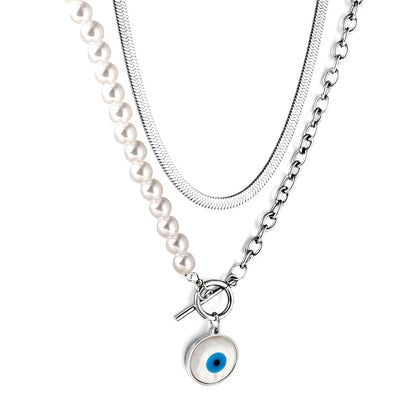 Enamel Girls Kids Jewelry Stainless Steel Blue Eyes Round Accessories Half White Pearl Double Chain Necklace