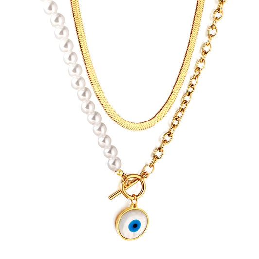 Enamel Girls Kids Jewelry Stainless Steel Blue Eyes Round Accessories Half White Pearl Double Chain Necklace