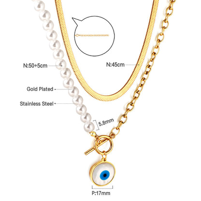 Enamel Girls Kids Jewelry Stainless Steel Blue Eyes Round Accessories Half White Pearl Double Chain Necklace